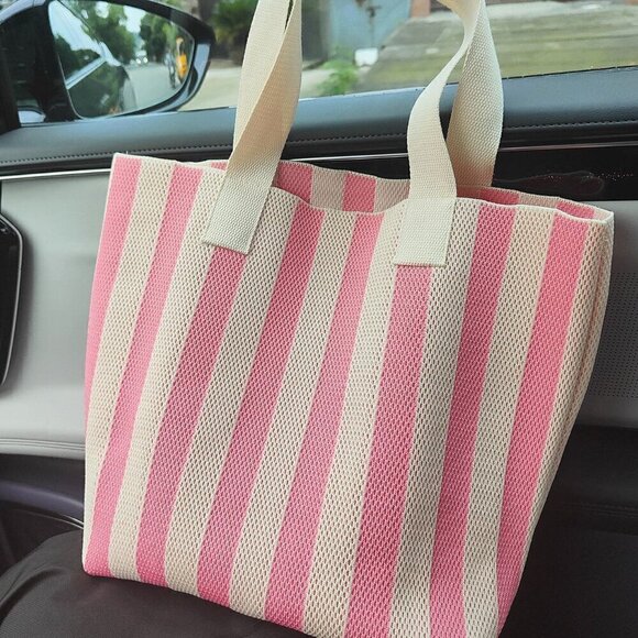Pink Women's Fashion Striped Contrast Color Tote Bag - Picture 2 of 6